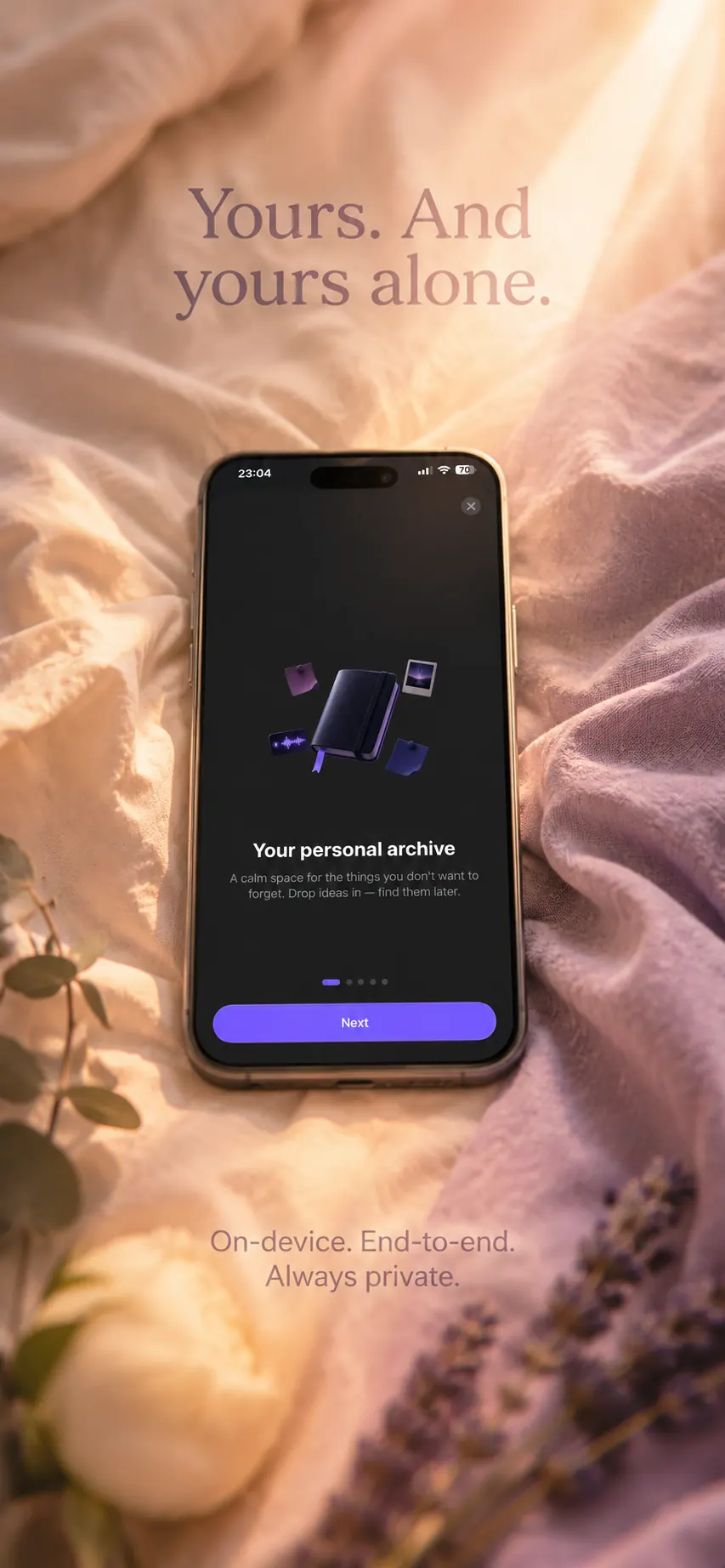 iPhone resting on linen with Stashful's welcome screen — your personal archive