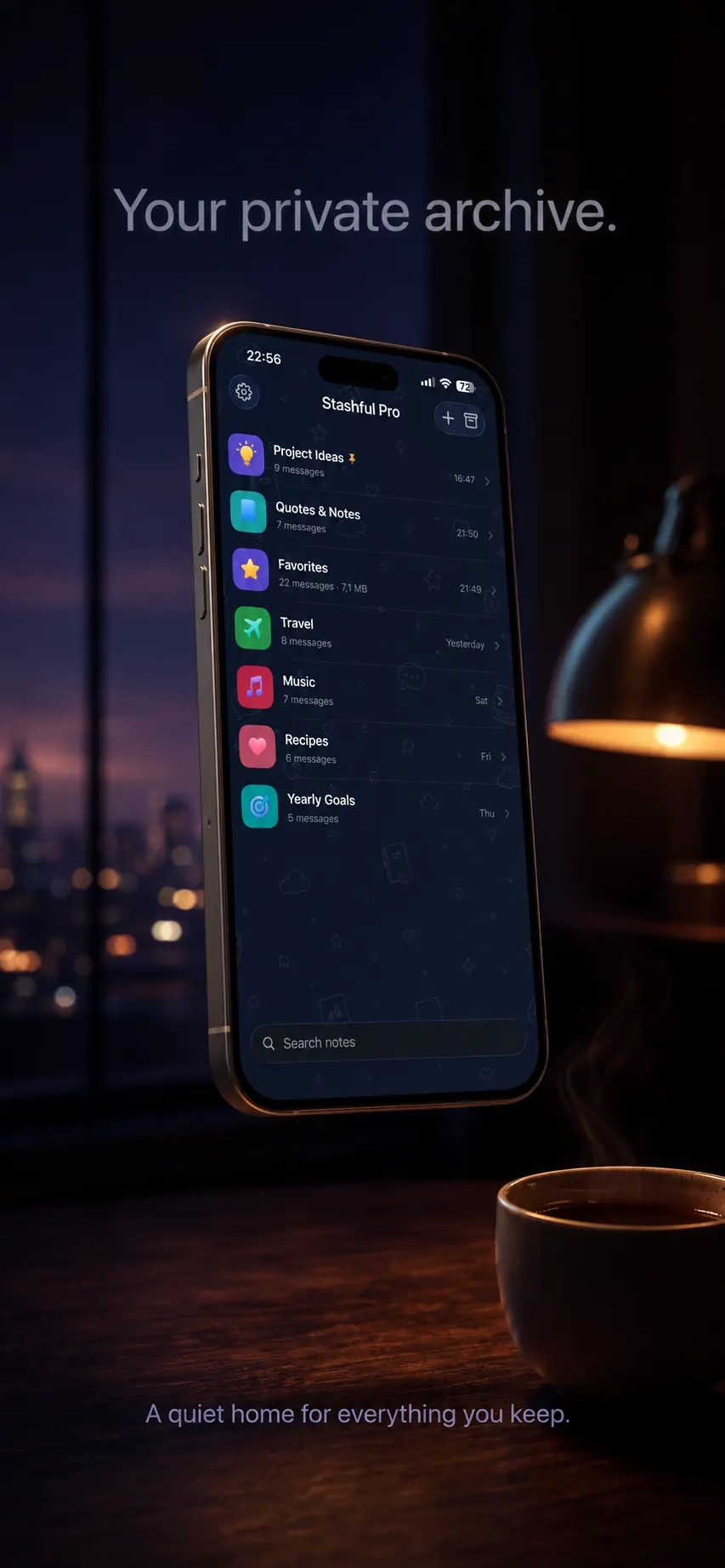 Stashful on iPhone — a list of topic chats lit by the home screen at dusk