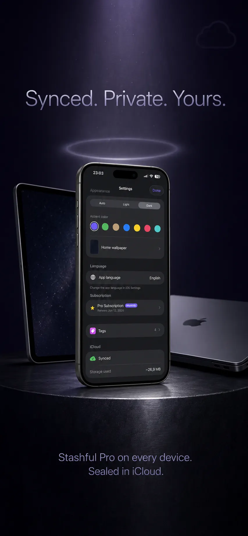 iPhone showing Stashful subscription settings beside a MacBook and iPad with an iCloud halo
