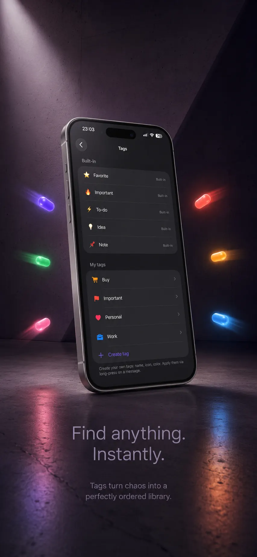 Stashful Tags screen — built-in tags and a row of custom colour-coded tags